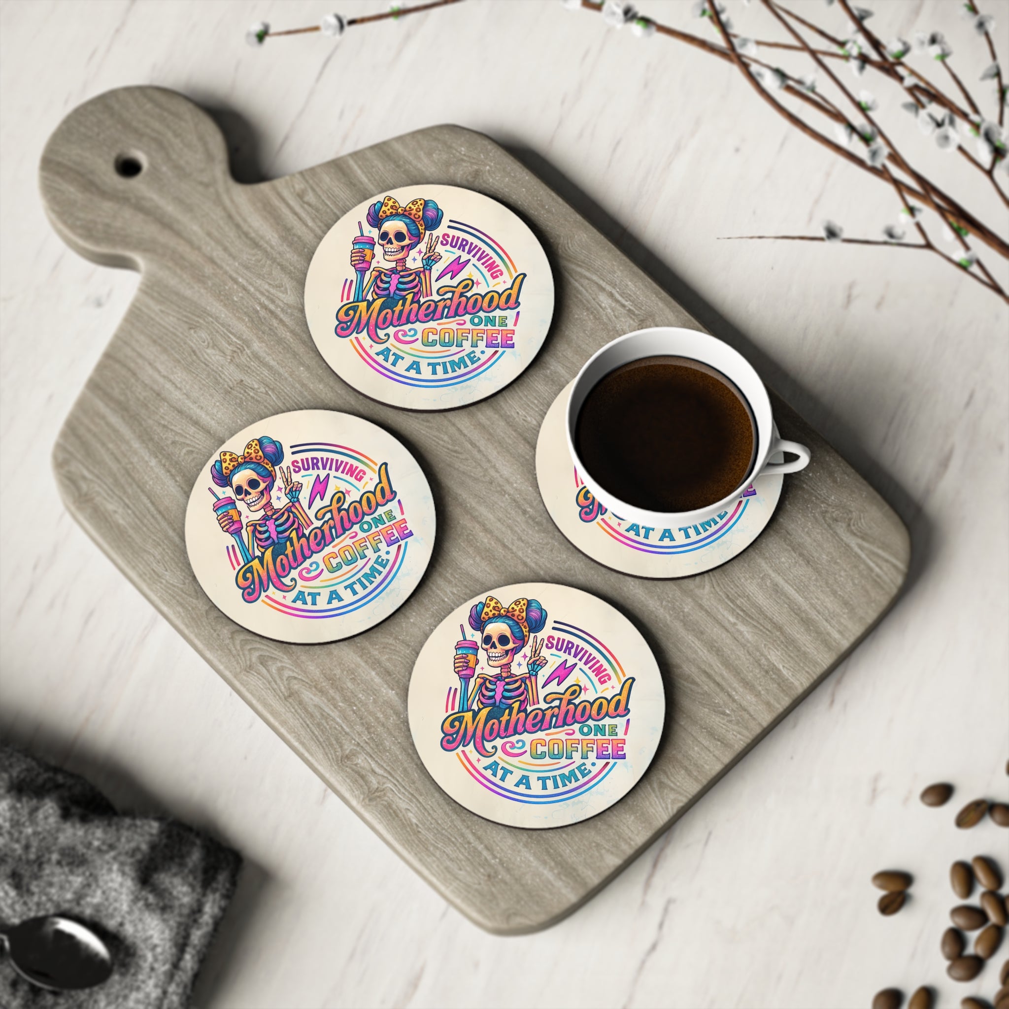 Coaster — "Surviving Motherhood One Coffee at a Time" Colorful Skeleton Mom Coaster