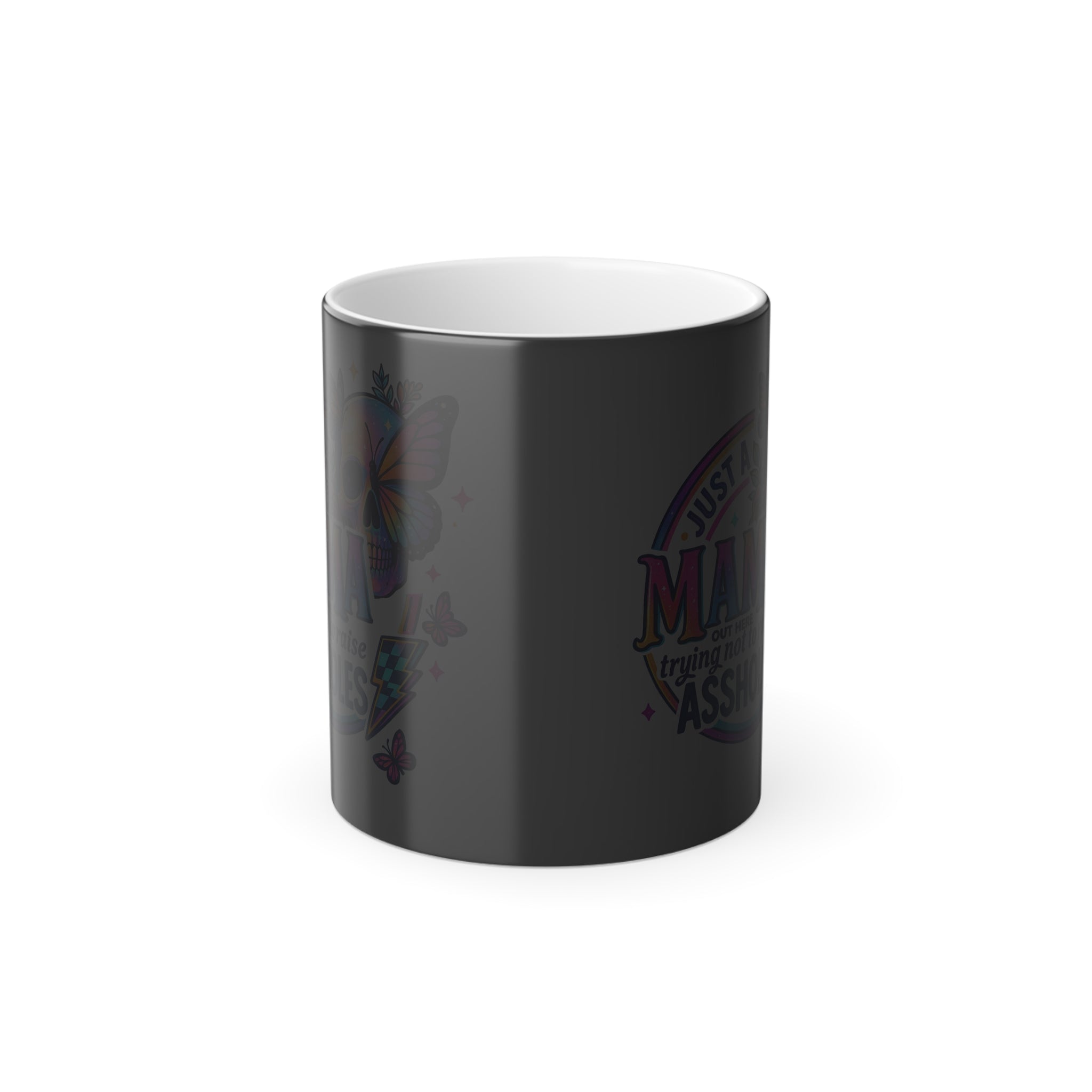 Color-Changing Mug — "Just a Mama Trying Not to Raise Assholes" Rainbow Butterfly Coffee Cup