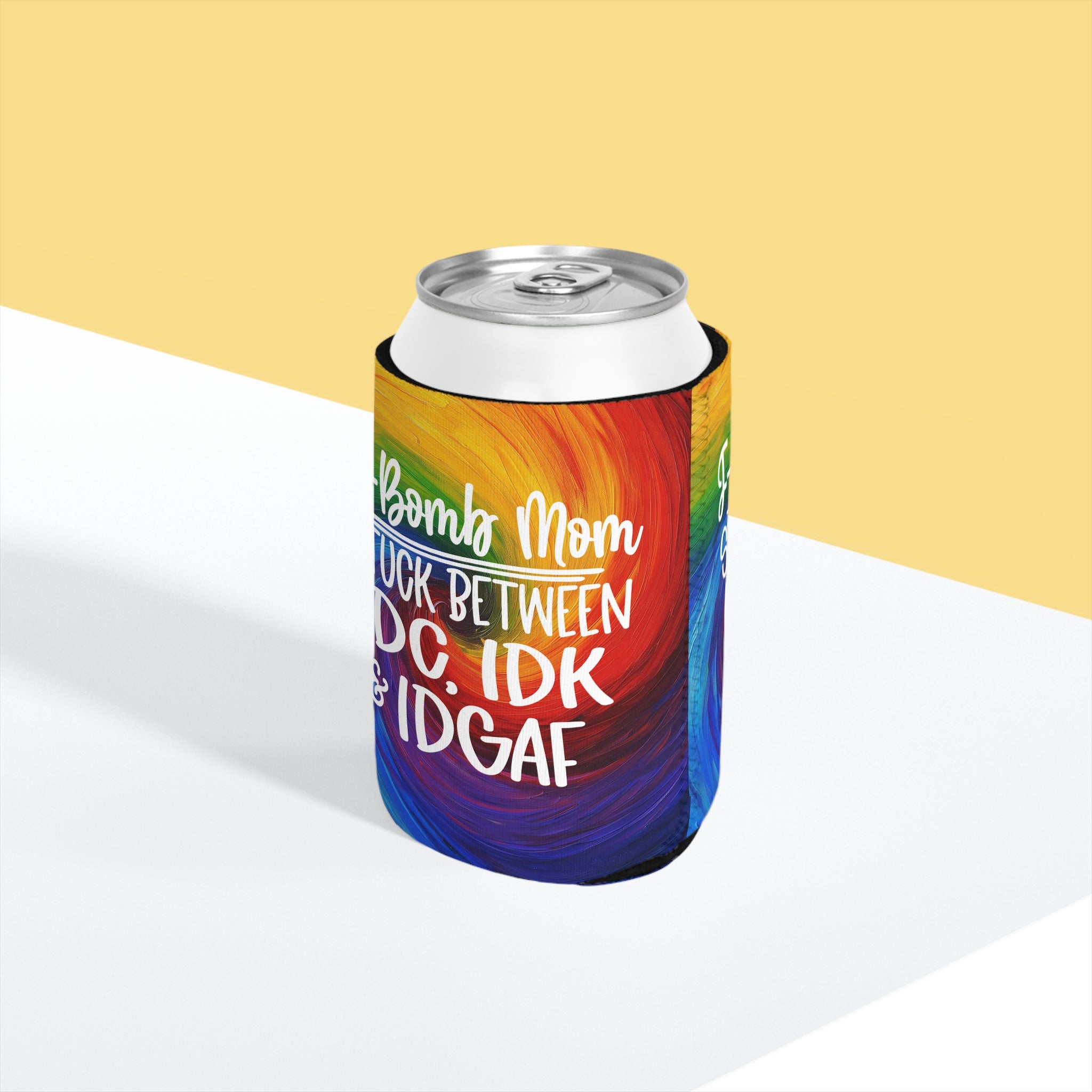 Can Cooler Sleeve — “F-Bomb Mom Stuck Between IDC, IDK & IDGAF” Gradient Can Cooler (Funny Mom Gift)