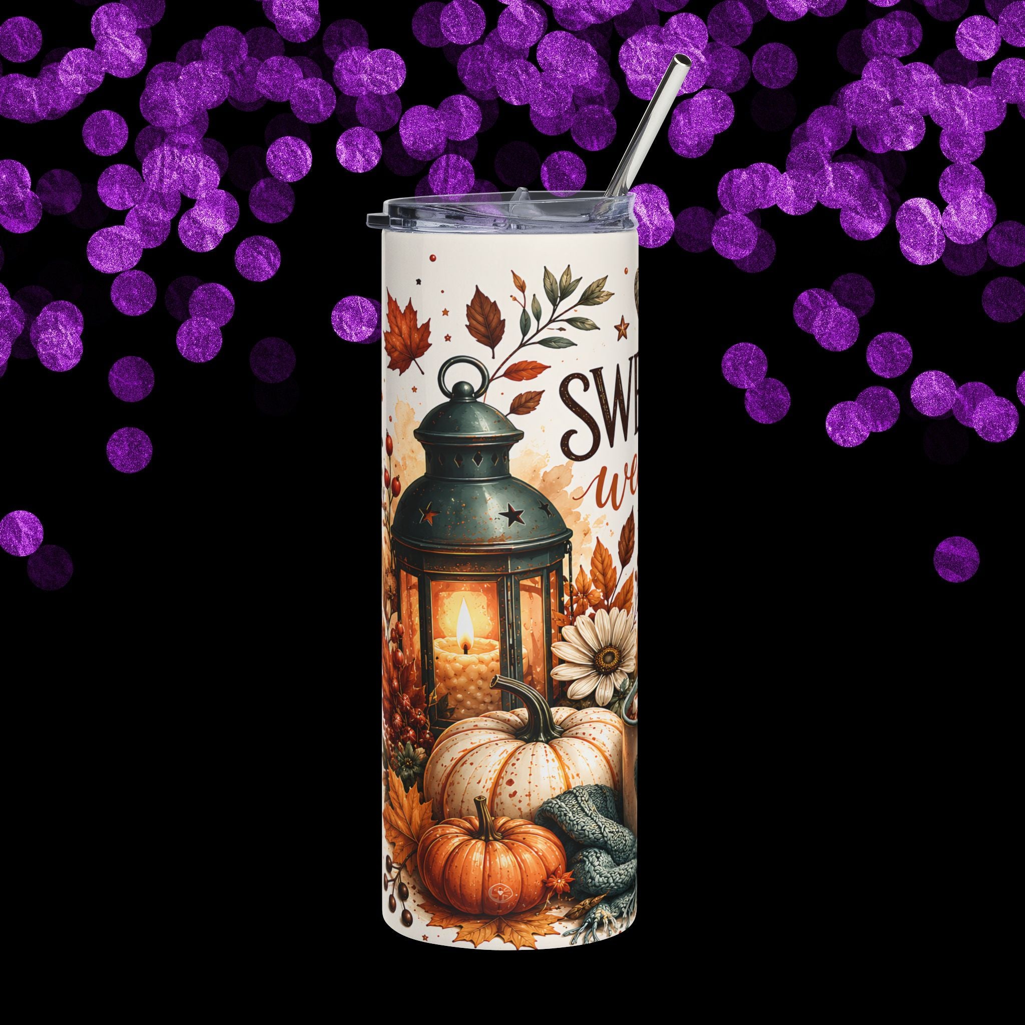 Sweater Weather 20oz Stainless Tumbler — Autumn Pumpkin Lantern Cozy Mug Design