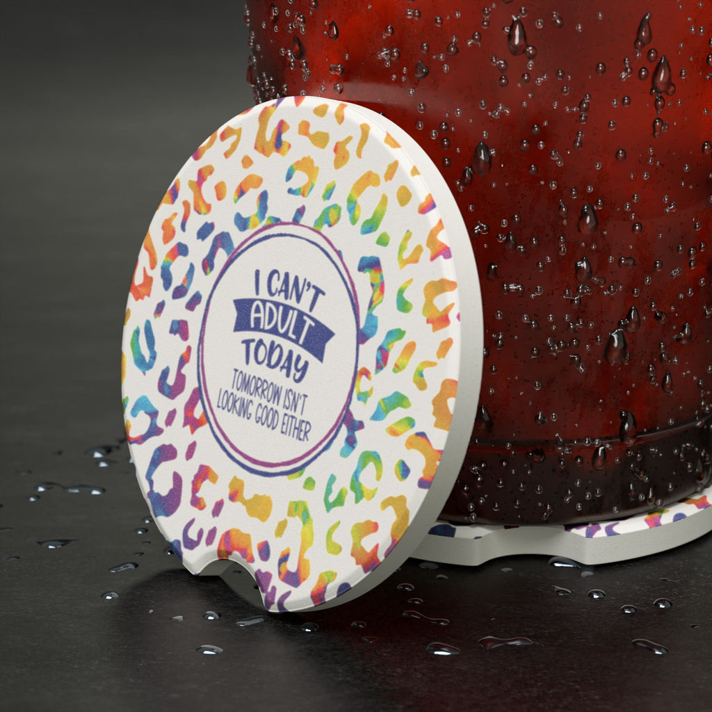 Soapstone Car Coaster — "I Can't Adult Today" Rainbow Leopard Drink Coaster