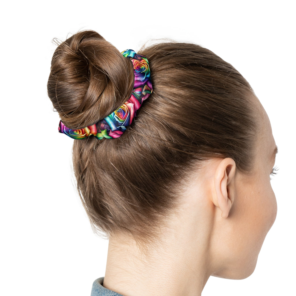 Rainbow Rose Scrunchie — Colorful Floral Hair Accessory