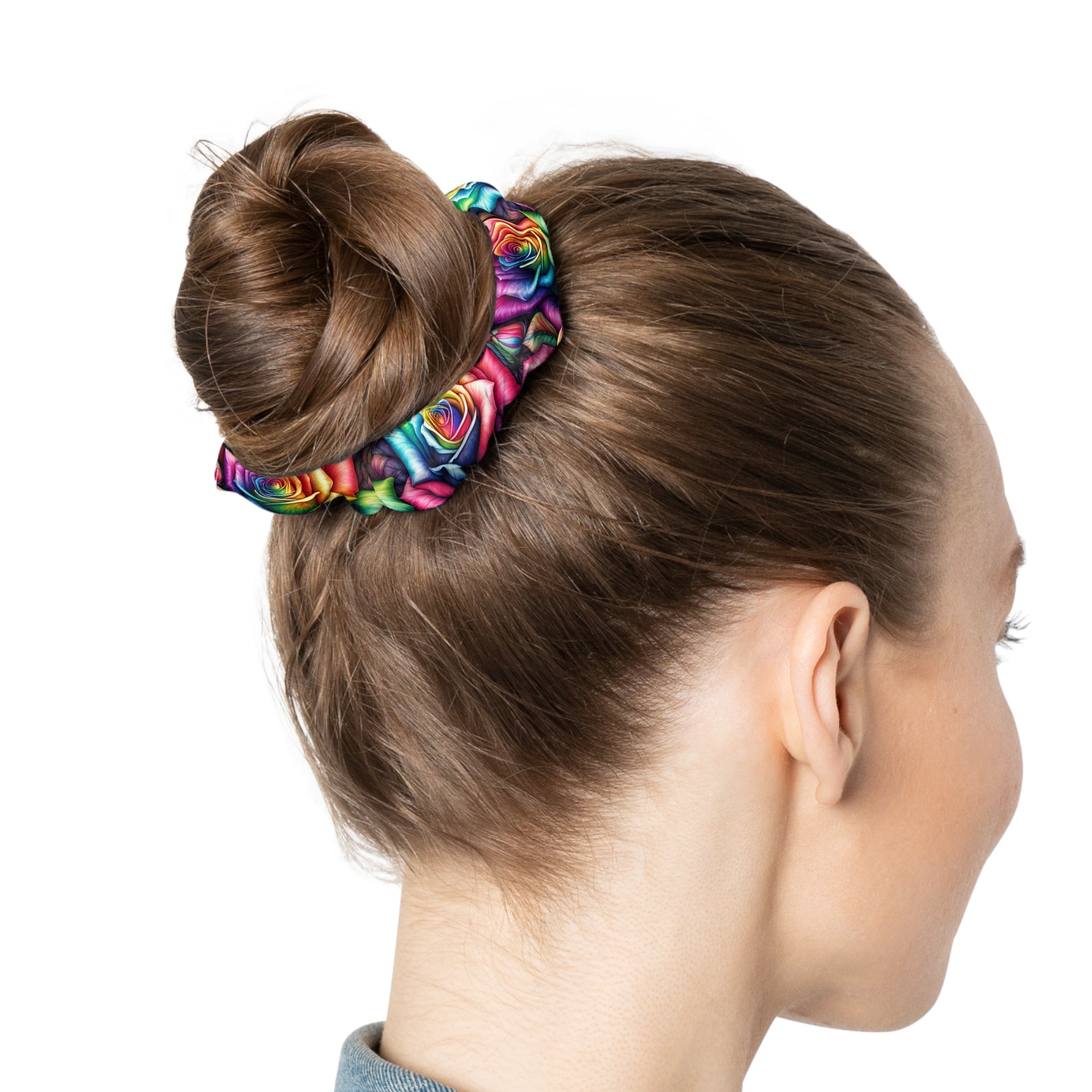 Rainbow Rose Scrunchie — Colorful Floral Hair Accessory