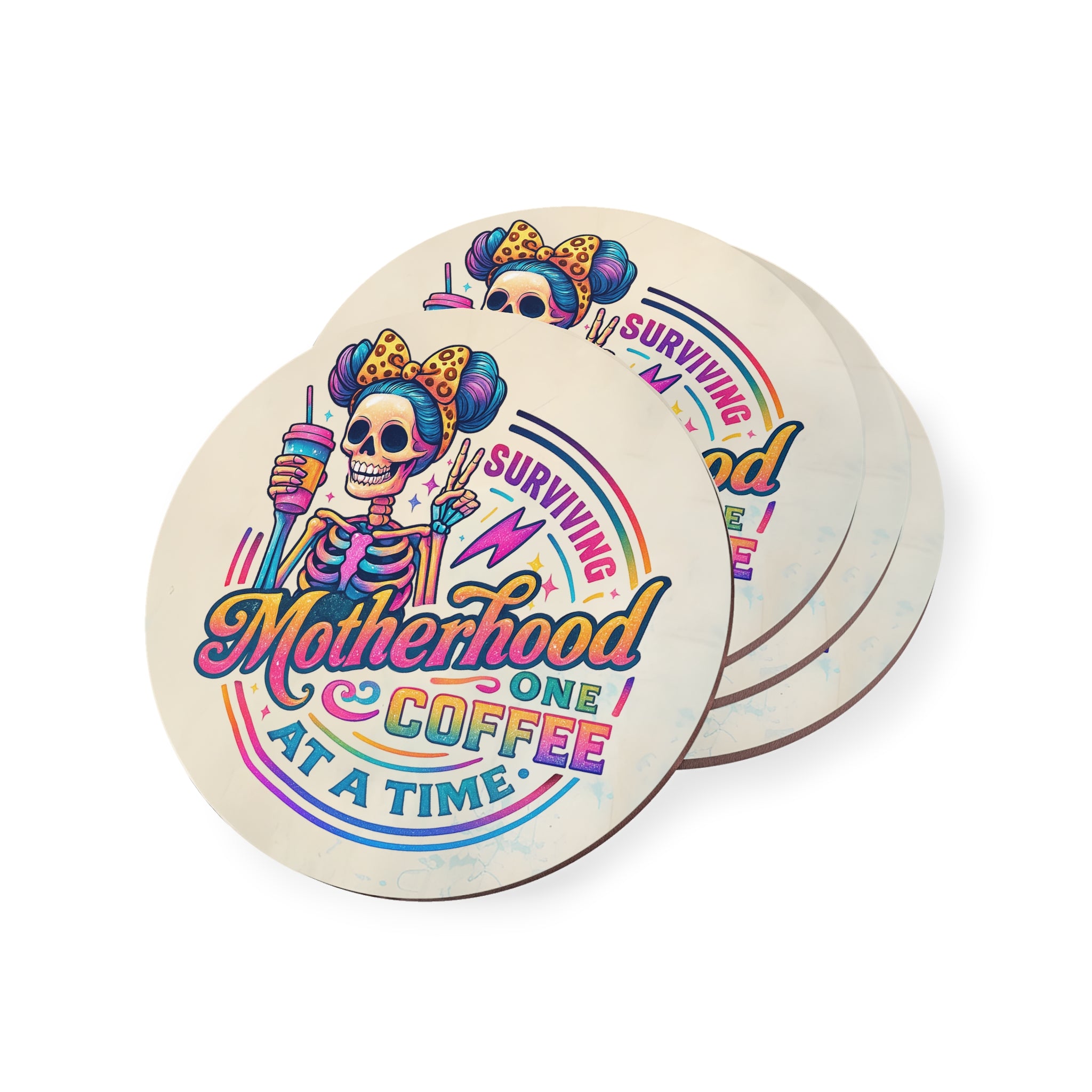 Coaster — "Surviving Motherhood One Coffee at a Time" Colorful Skeleton Mom Coaster
