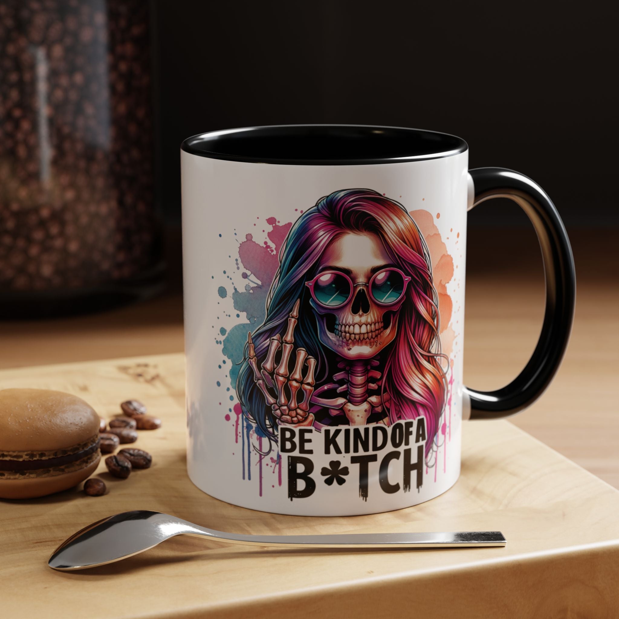 Be Kind of a B*tch Skull Art Coffee Mug – Colorful Gothic Accent Mug (11/15oz)