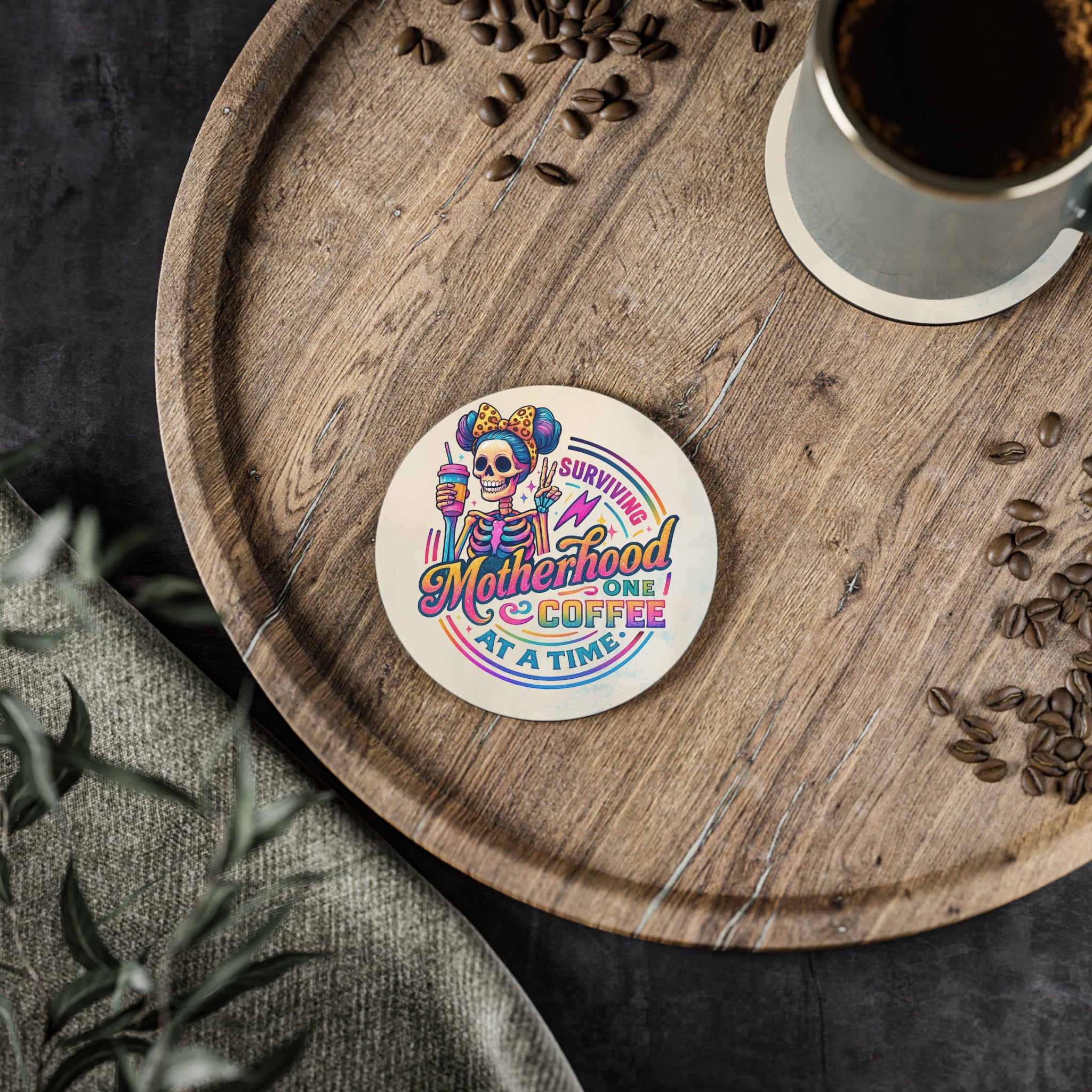 Coaster — "Surviving Motherhood One Coffee at a Time" Colorful Skeleton Mom Coaster