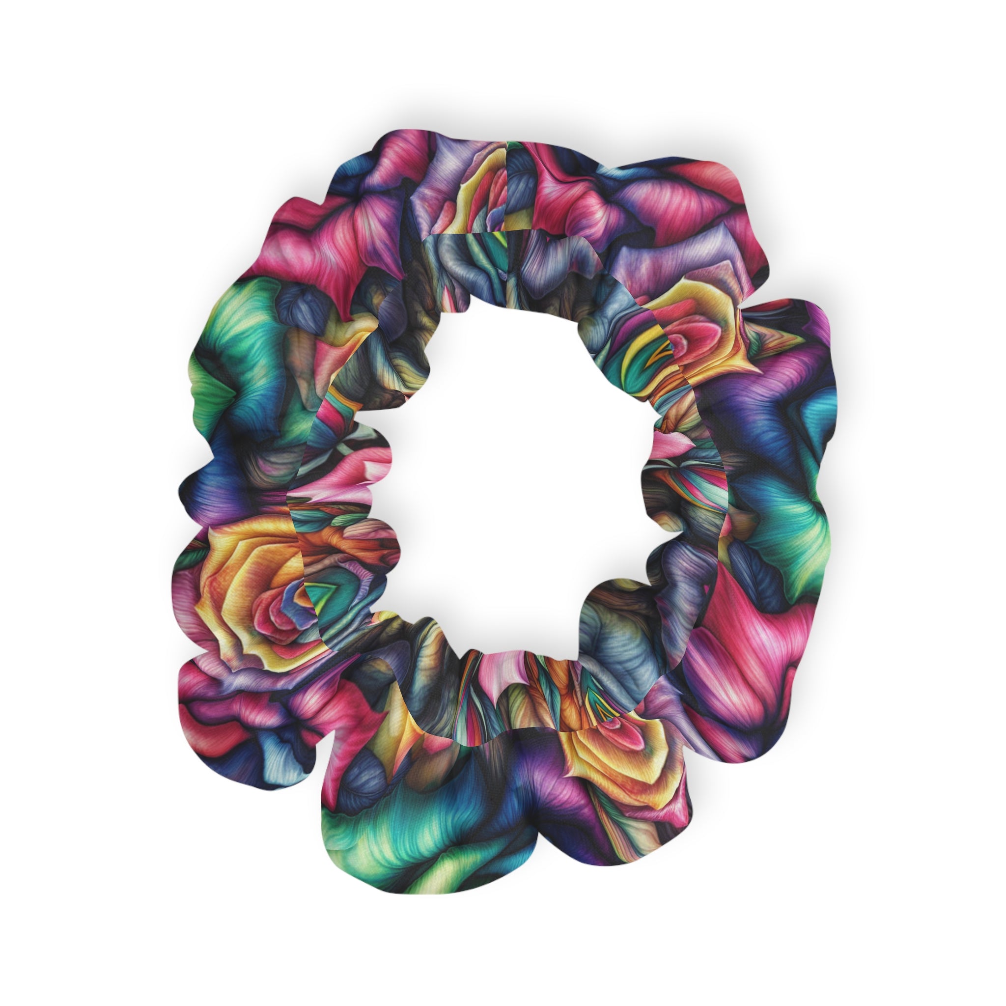 Rainbow Rose Scrunchie — Colorful Floral Hair Accessory