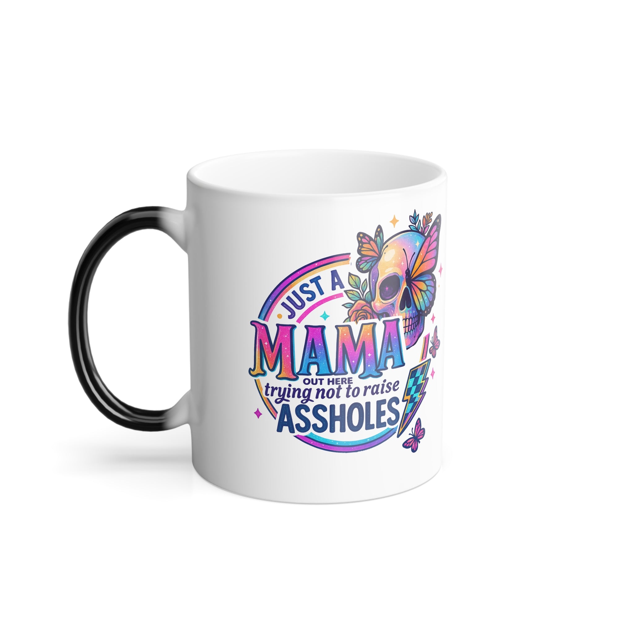Color-Changing Mug — "Just a Mama Trying Not to Raise Assholes" Rainbow Butterfly Coffee Cup