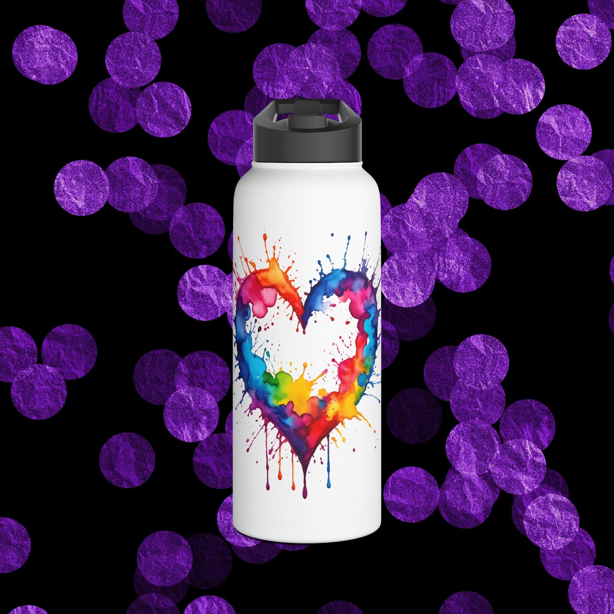 Dripping Rainbow Heart - Stainless Steel Water Bottle