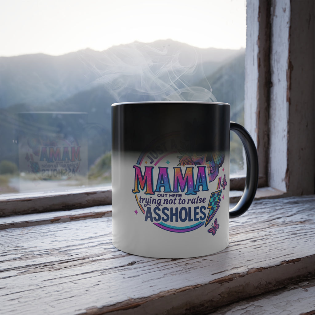 Color-Changing Mug — "Just a Mama Trying Not to Raise Assholes" Rainbow Butterfly Coffee Cup